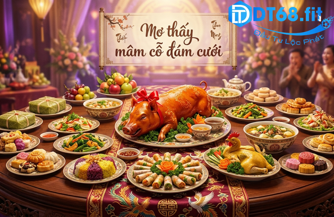 Hình ảnh mâm cỗ đám cưới truyền thống Việt Nam với heo sữa quay, gà luộc và xôi gấc, kèm dòng chữ Mơ thấy mâm cỗ đám cưới.